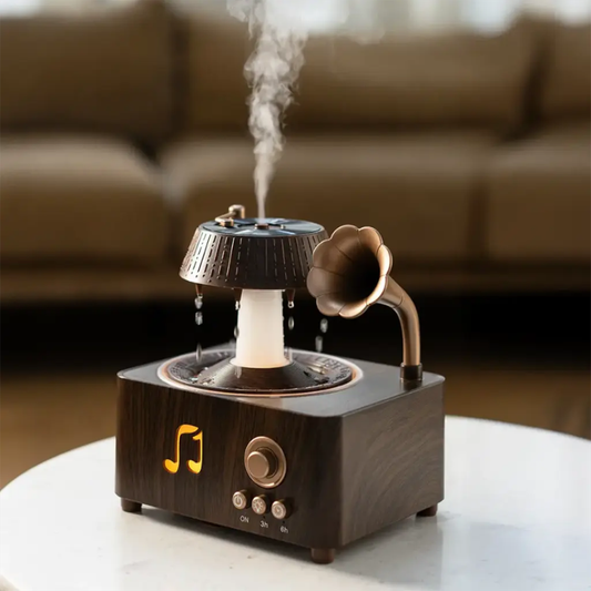 Vintage wood grain aroma diffuser speaker with gramophone horn and raindrop mist effect