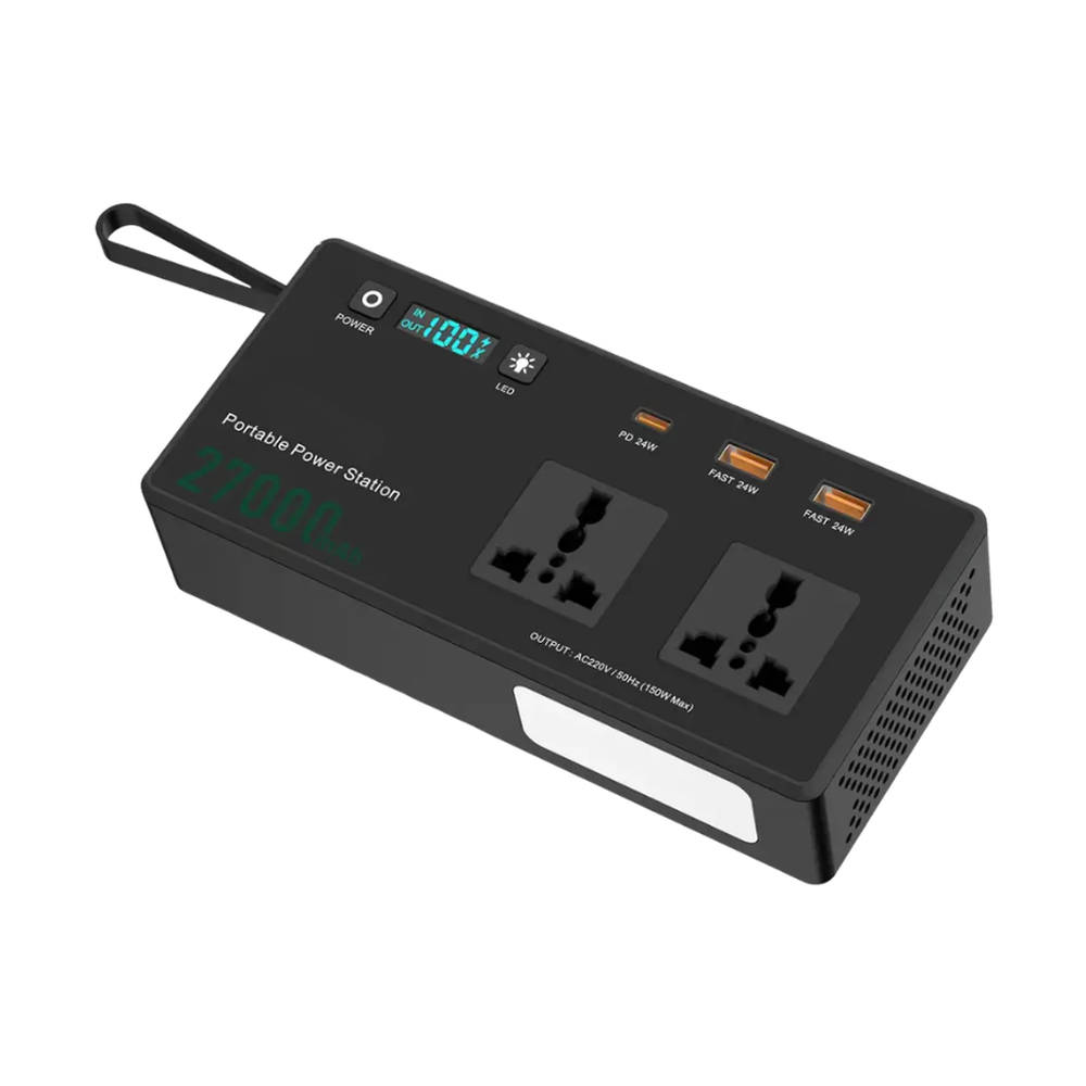 Angled view of Black 27000mAh power station with carrying loop and ventilation grilles