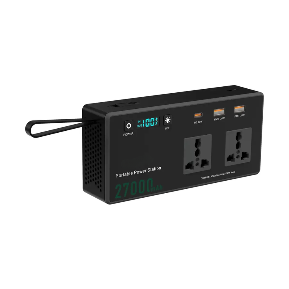 Front view of BlueFire 150W power station showing AC outlets and USB ports on white background