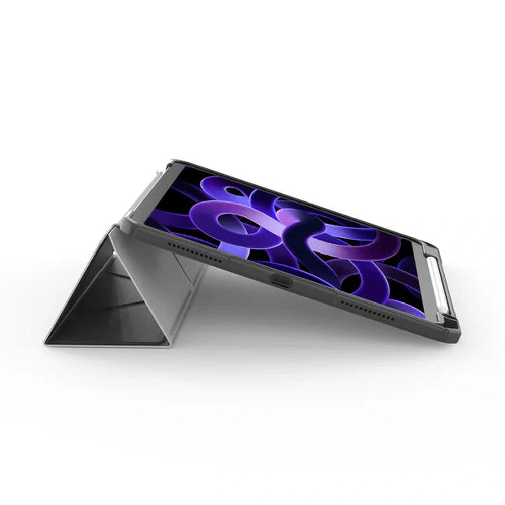 Gray rigid tablet case with soft lining shown on angled stand with speaker grilles visible