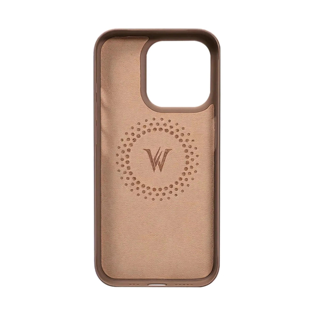 Brown leather-textured iPhone case back with circular dot pattern