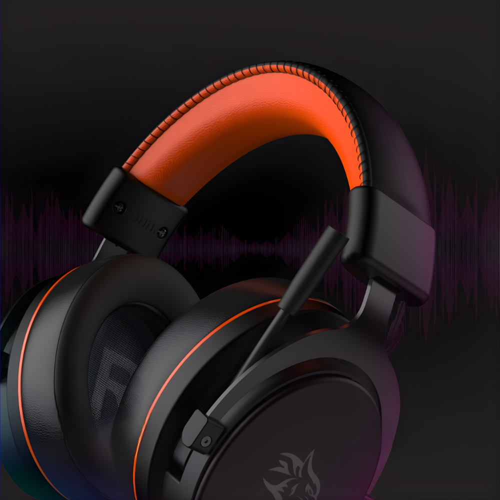 Close-up of Porodo gaming headset showing orange stitching and wolf logo