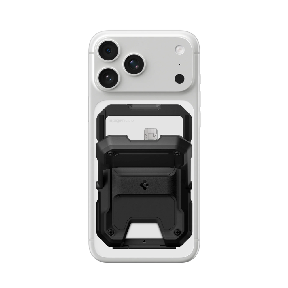 Black Spigen Tough MagSafe Wallet for iPhone with 5-card storage and kickstand