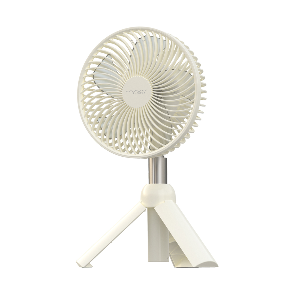 White Vyvylabs portable fan with retractable tripod base and brand logo