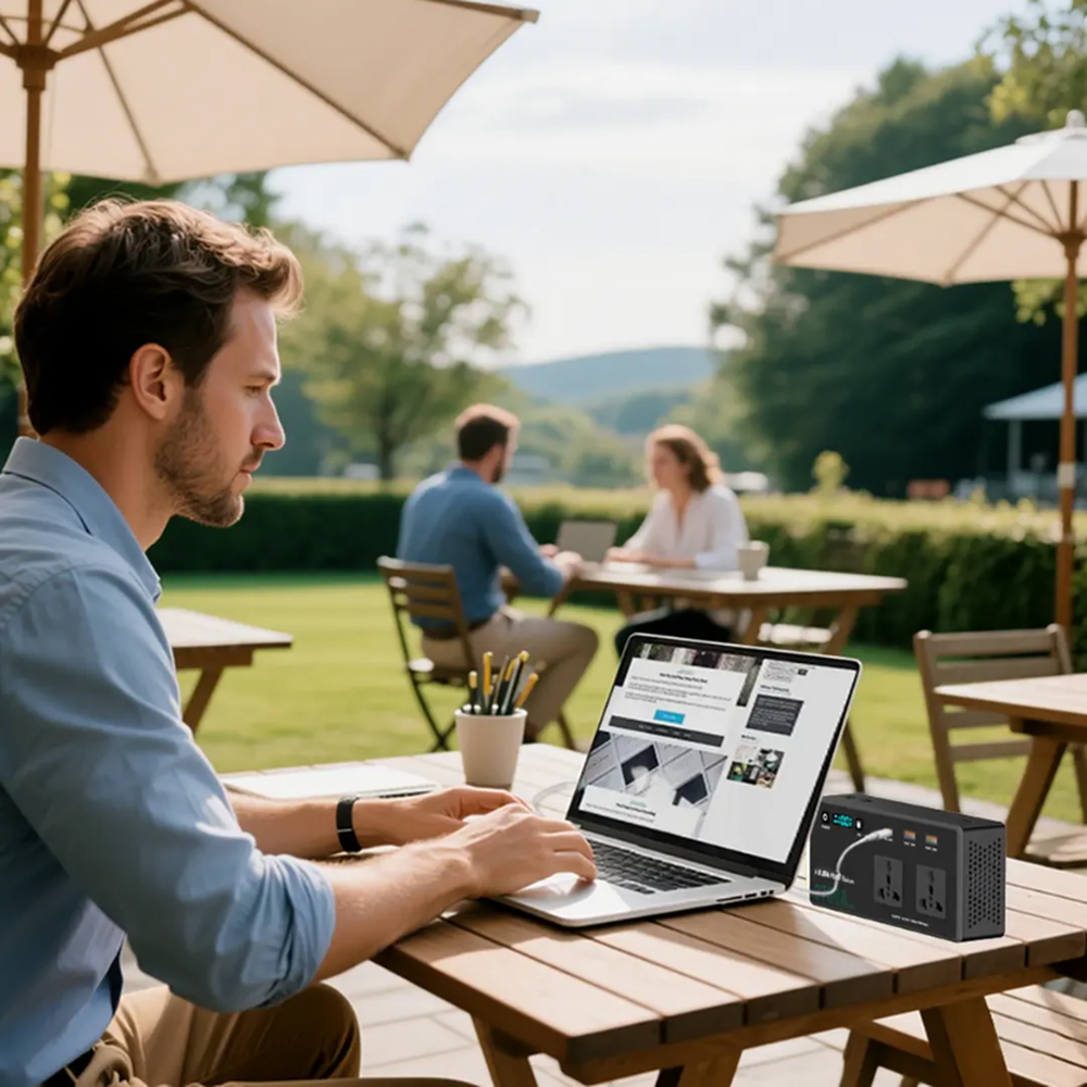 BlueFire 150W portable power station charging laptop outdoors with digital display