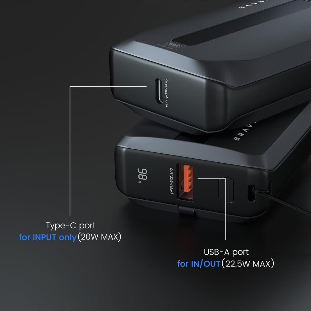 Brave 10000mAh power bank Type-C input and USB-A output ports