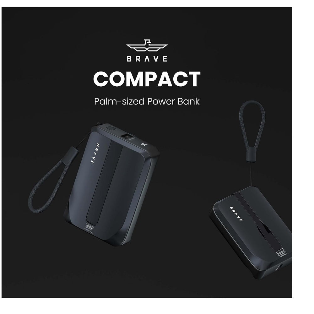 Compact palm-sized Brave power bank with braided lanyard