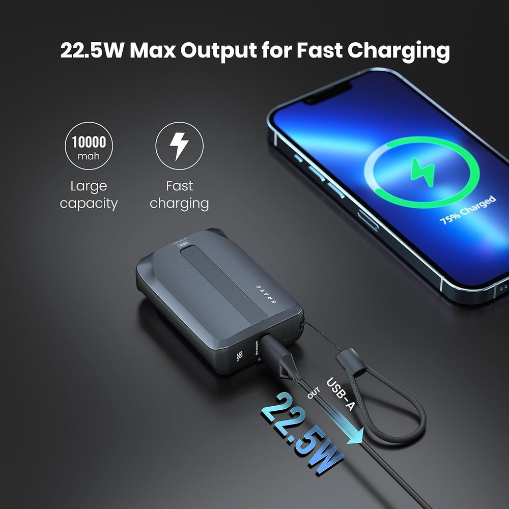 Brave 22.5W fast charging power bank connected to smartphone