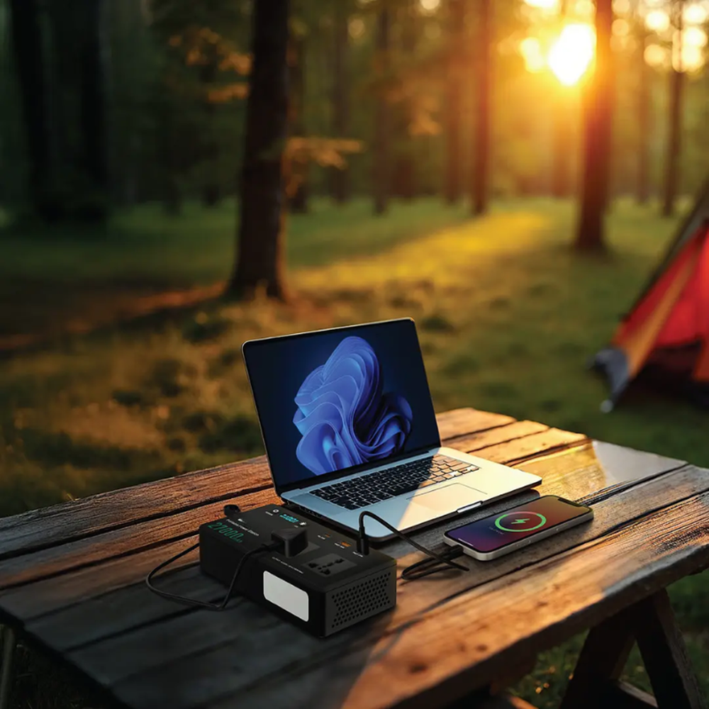 Black 27000mAh power station powering devices at forest campsite with tent background