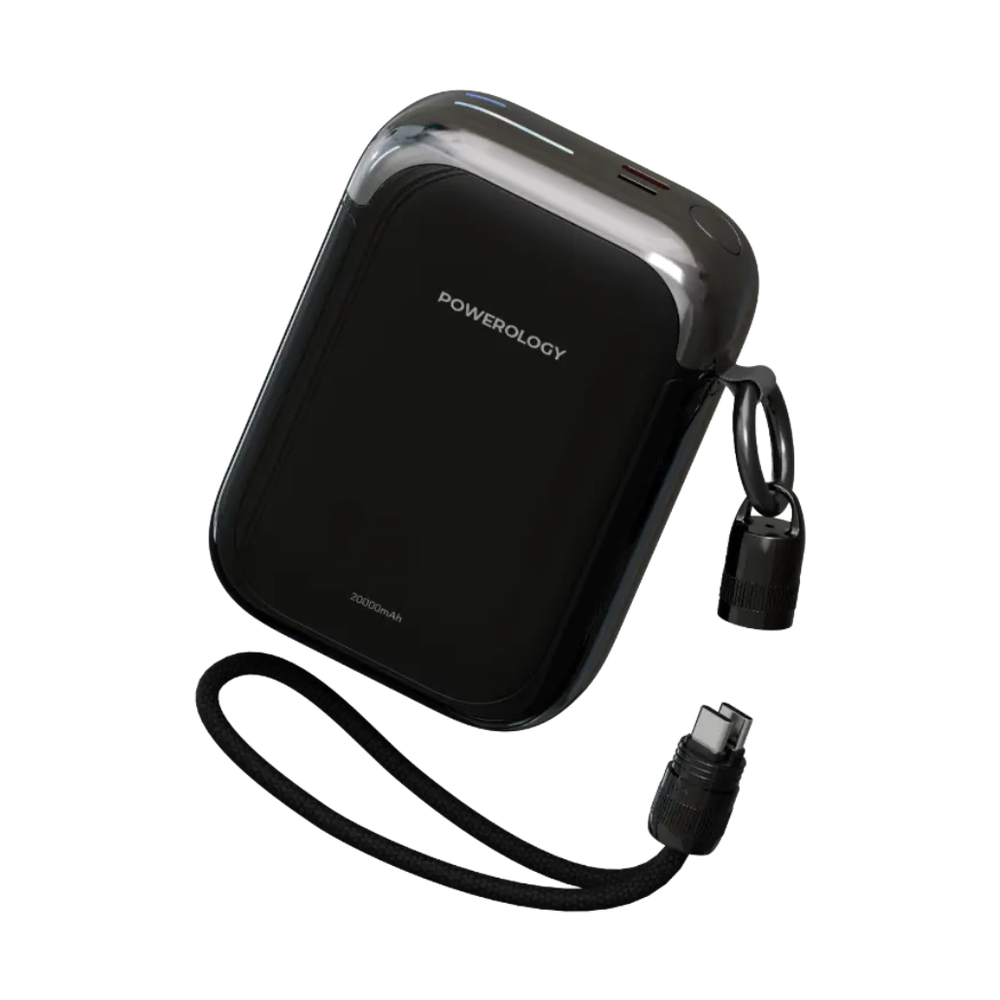 Black Powerology 20000mAh portable charger with built-in USB-C cable and LED indicators