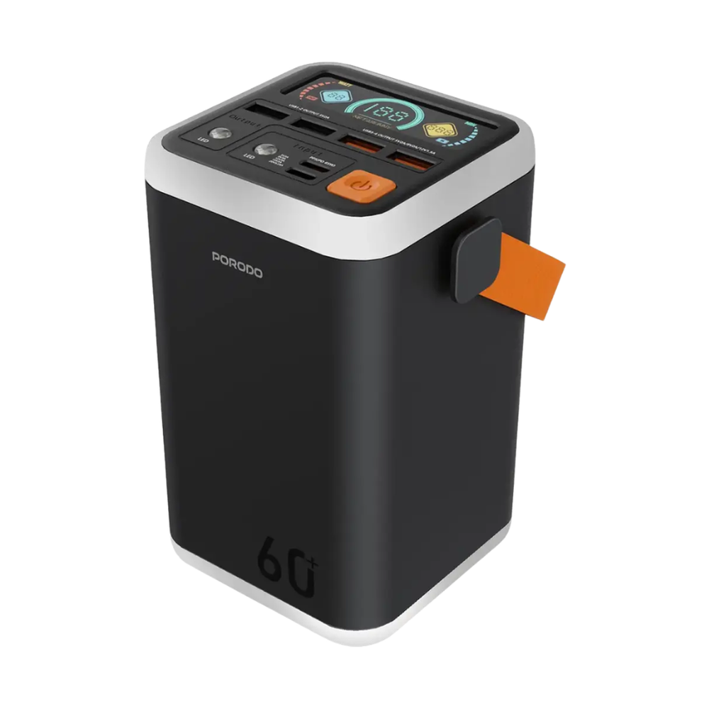 Black Porodo 60,000mAh power bank showing 6 ports and digital battery indicator
