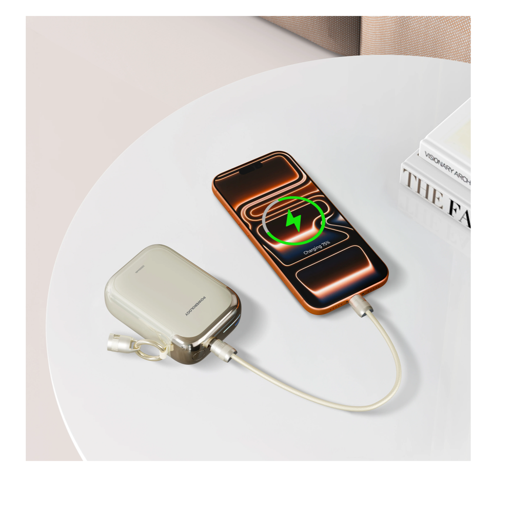 Beige Powerology 20W power bank charging phone with built-in braided USB-C cable