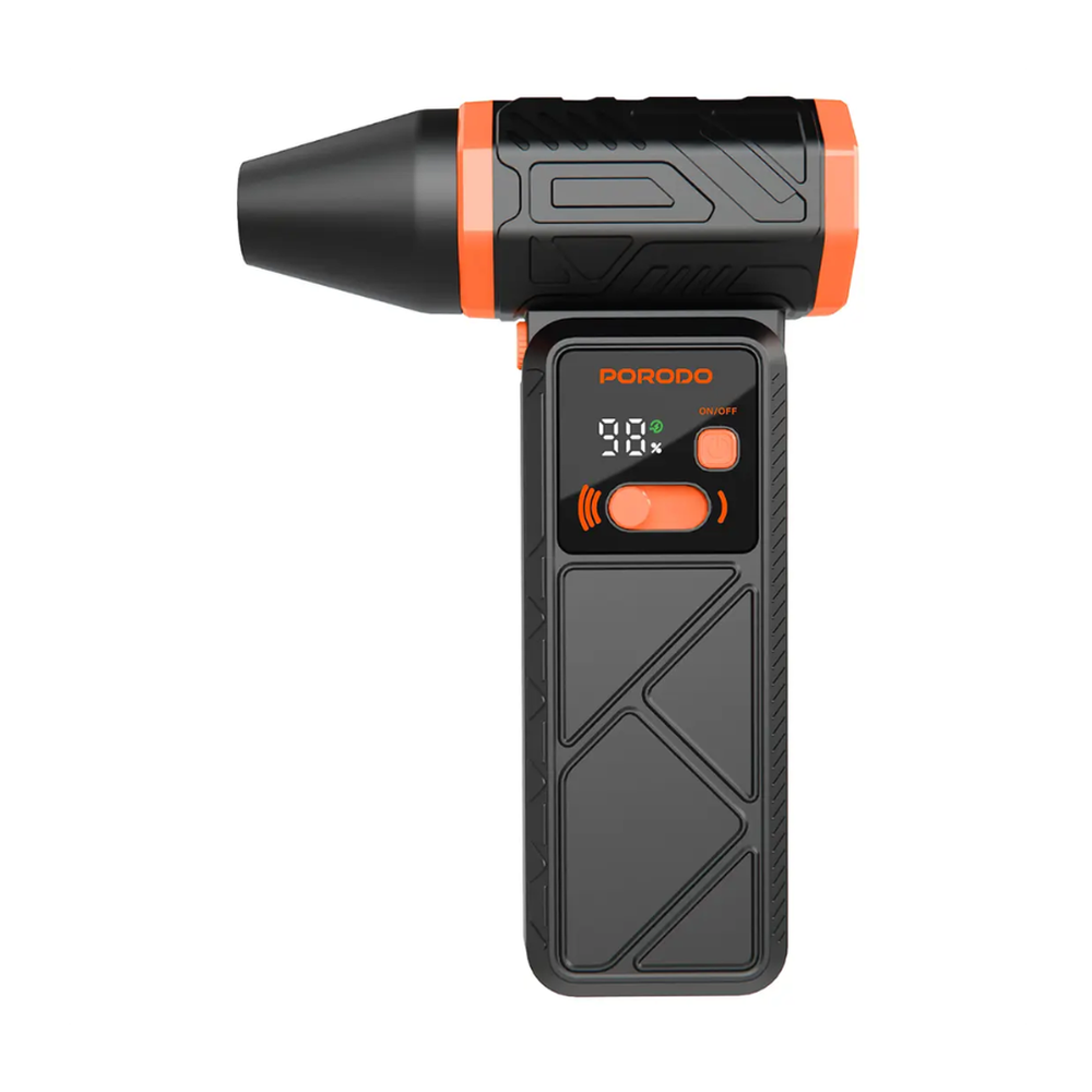 Porodo black and orange handheld turbo blower fan with digital battery display