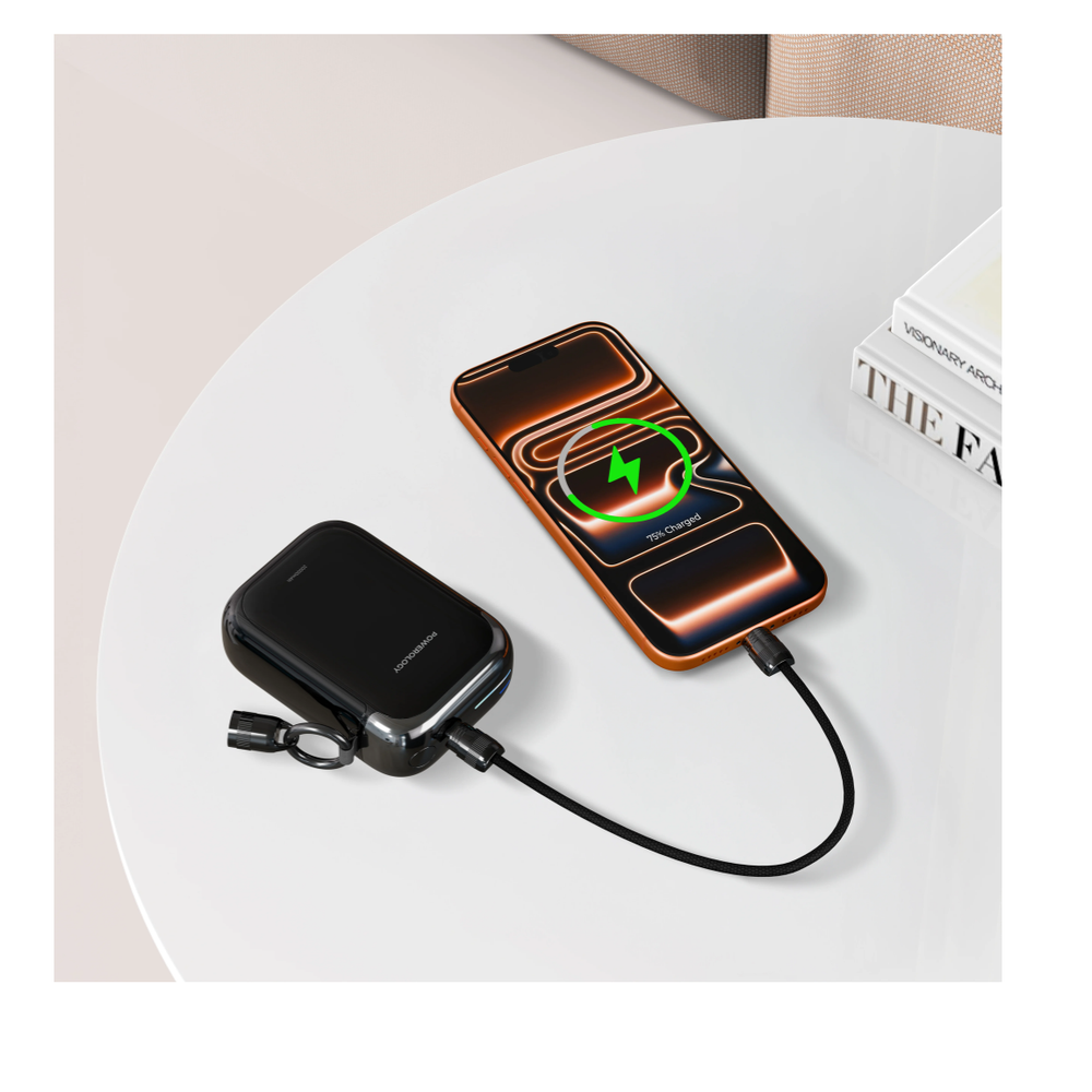 Black Powerology power bank charging orange smartphone via built-in braided cable