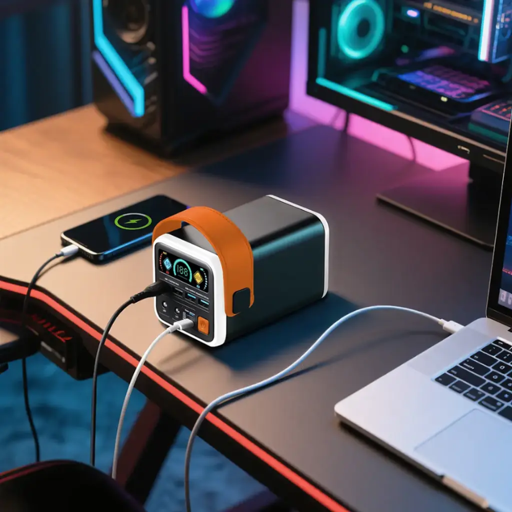 Porodo 45W Multi-Port Power Bank with TFT display charging laptop and phone on gaming desk