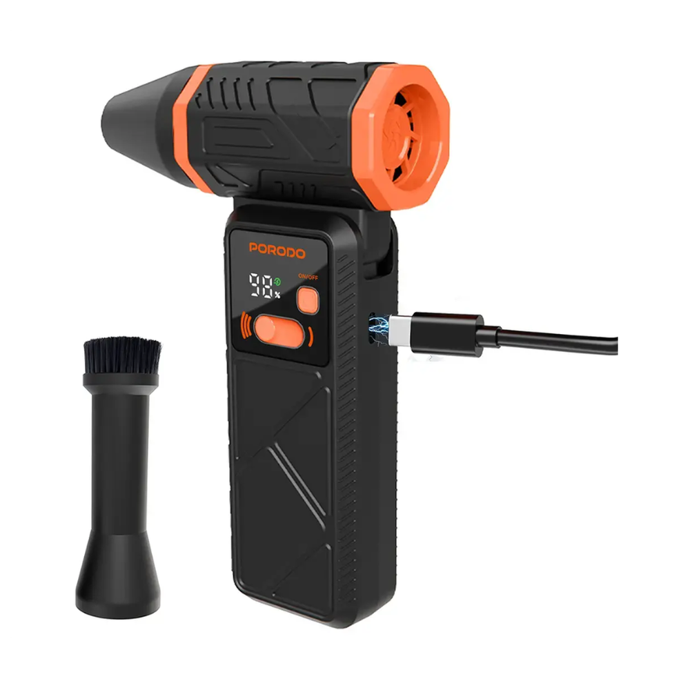 Charging Porodo USB-C blower fan with included brush attachment