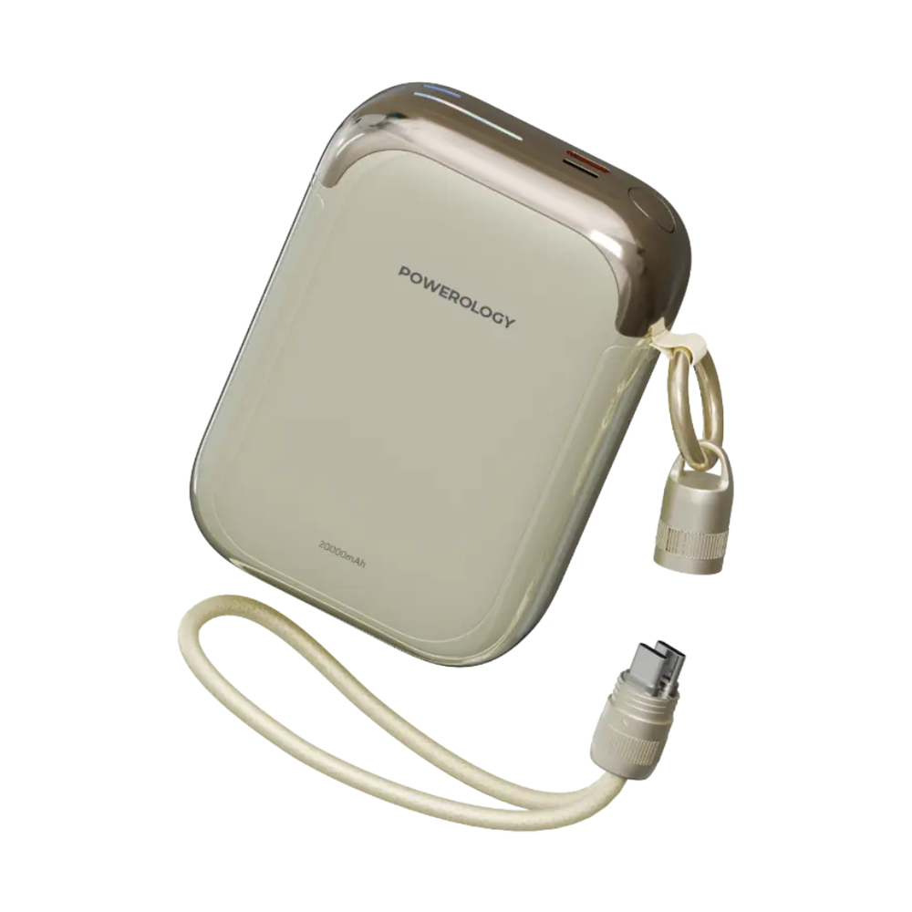 Beige Powerology 20W power bank with built-in USB-C cable and 20000mAh capacity