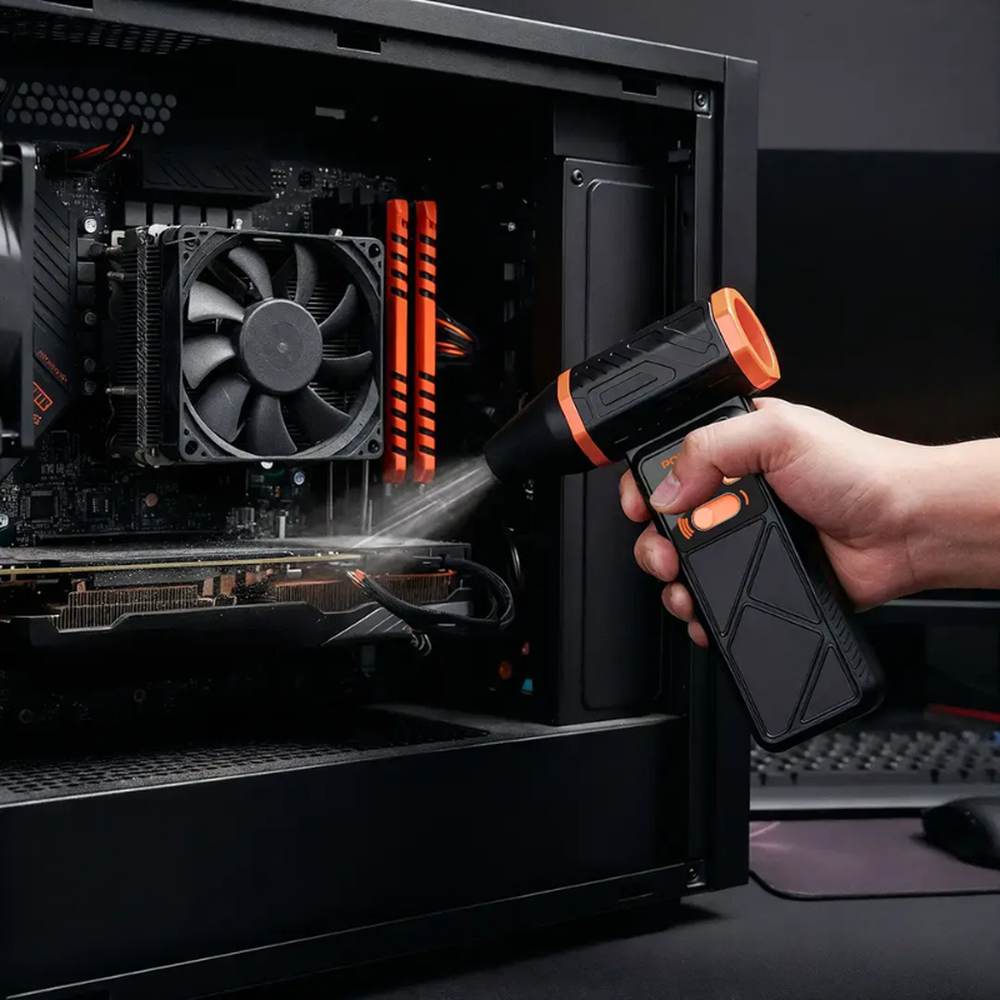 Cleaning computer motherboard with Porodo rotatable turbo blower fan