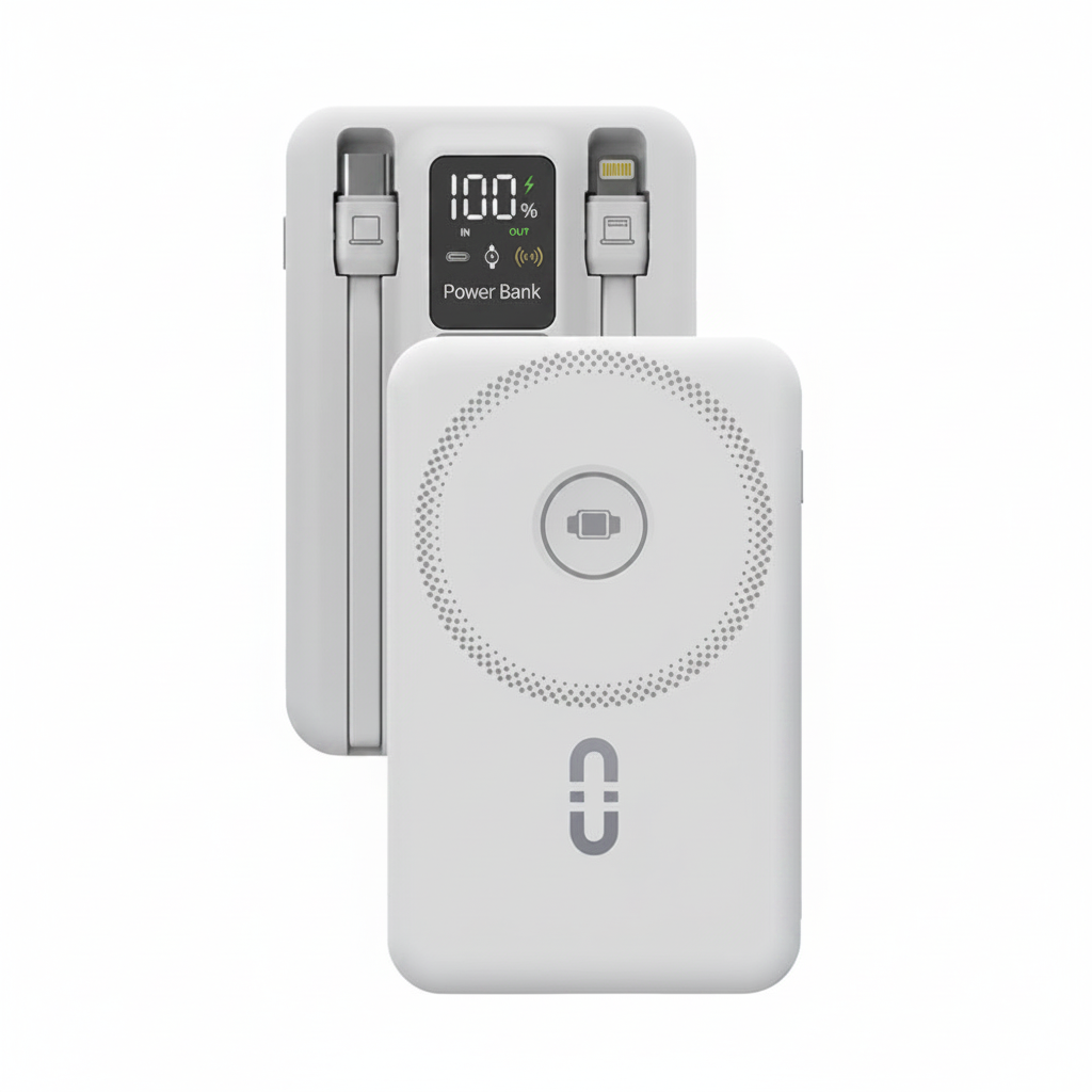White Porodo 10000mAh power bank showing digital display and retractable USB-C cable