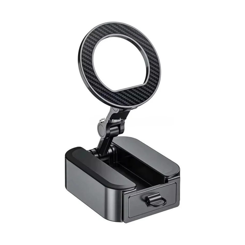 Black adjustable MagSafe phone holder in upright position with drawer compartment
