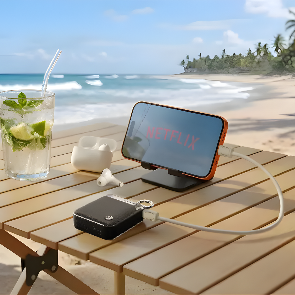 Black Powerology power bank charging smartphone outdoors on beach picnic table