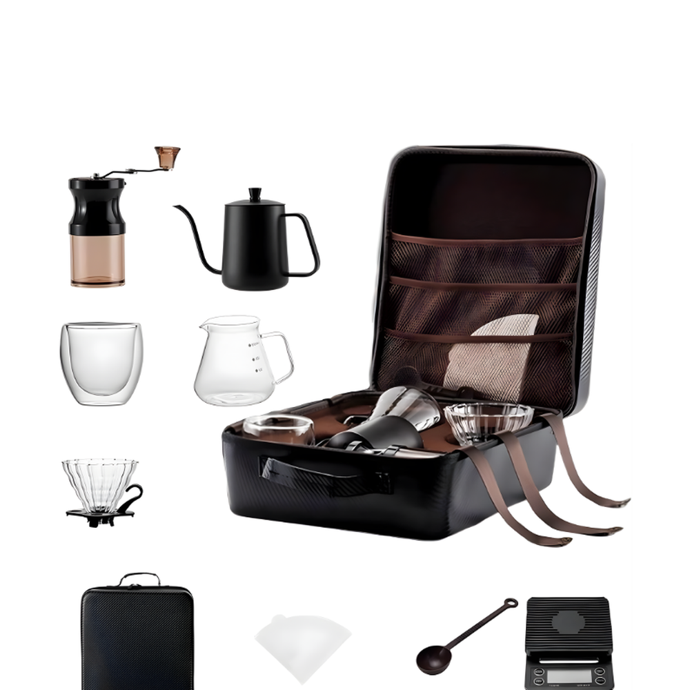 Open black V60 Nomad travel case showing organized coffee gear layout