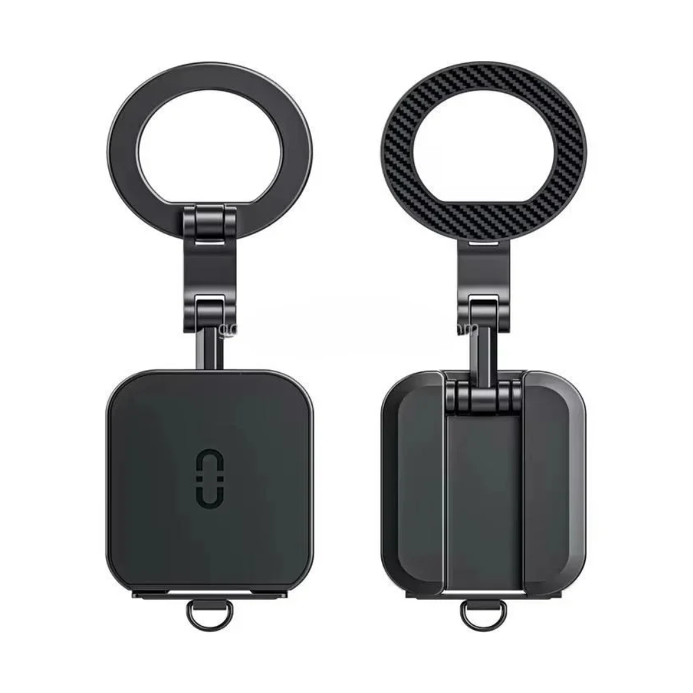 Compact black foldable MagSafe stand showing closed form and carbon fiber texture detail
