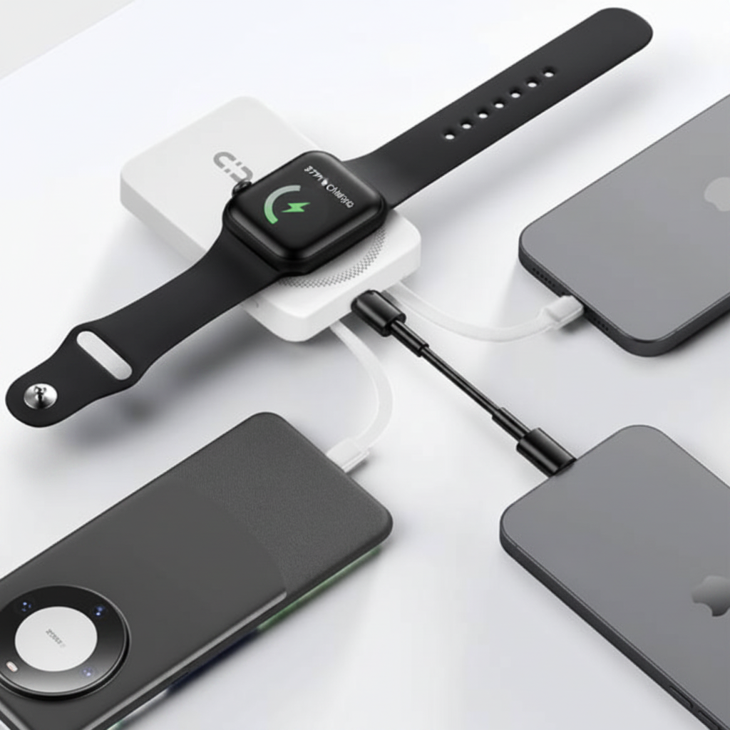 White Porodo power bank charging Apple Watch and smartphone simultaneously via MagSafe