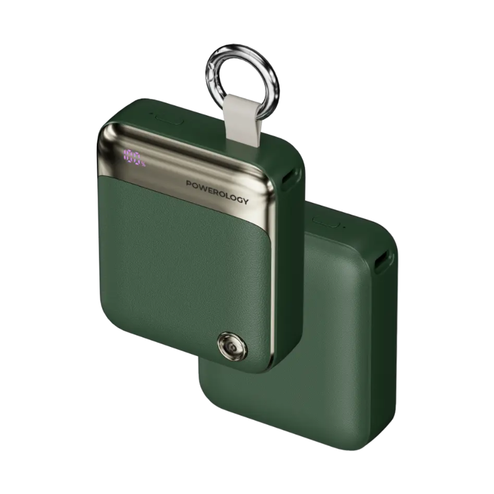 Olive green textured Powerology 20W power bank with carabiner strap and LED display
