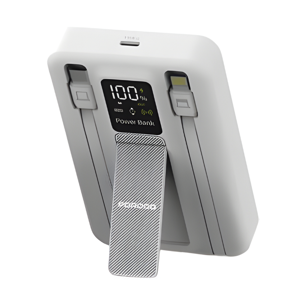 White Porodo power bank with extended stand, digital battery display, and dual retractable cables