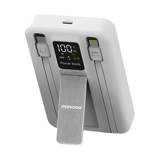 White Porodo power bank with extended stand, digital battery display, and dual retractable cables