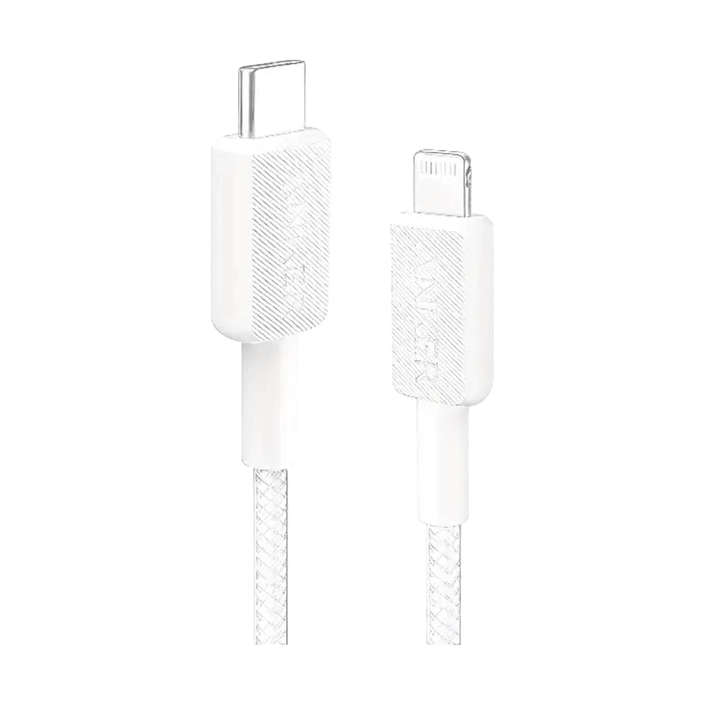 White woven Anker USB-C to Lightning charging cable with metallic ends