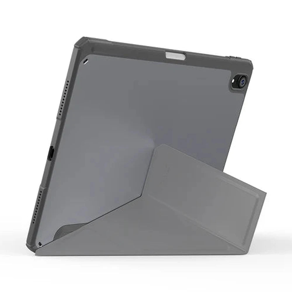 Gray tablet case supporting iPad on built-in triangular stand with matte finish