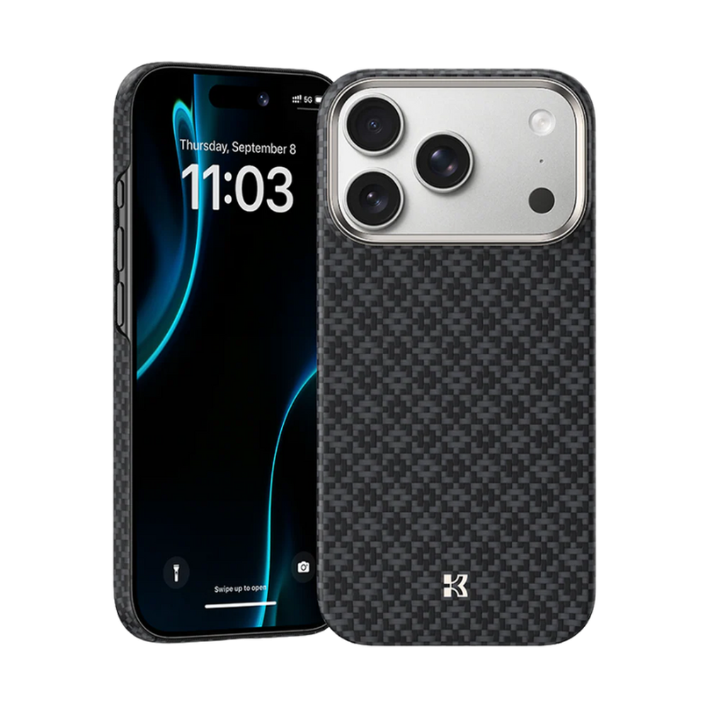 Benks iPhone 17 ArmorGrid black carbon fiber weave case with aluminum camera frame