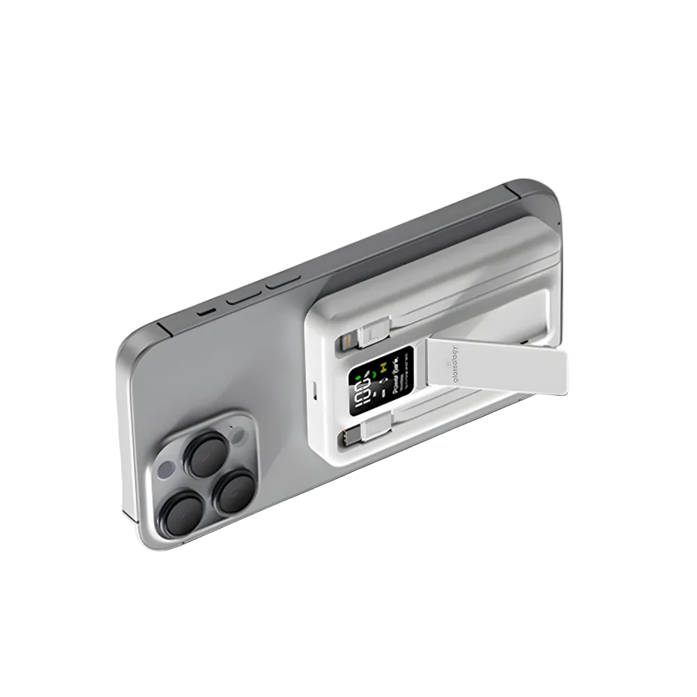 White Porodo power bank magnetically attached to iPhone with retractable Lightning cable