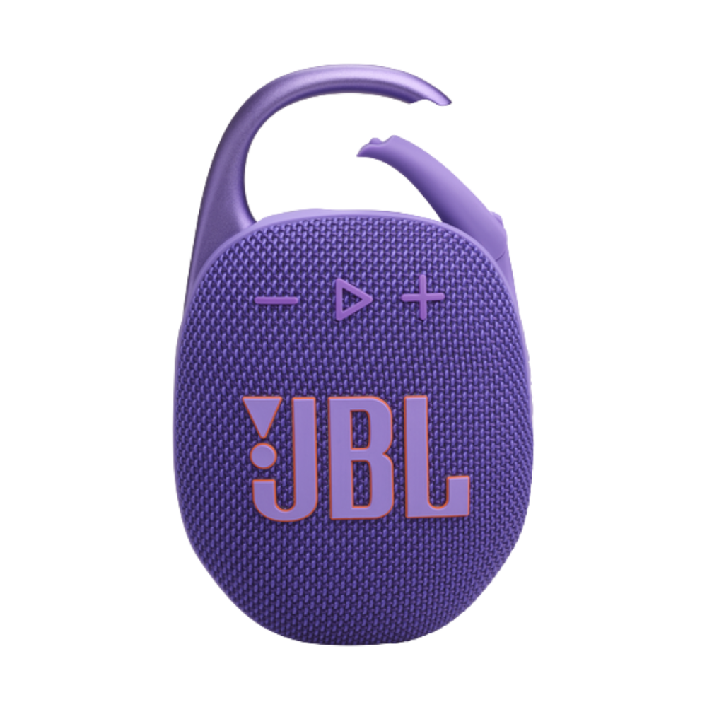Purple JBL portable Bluetooth speaker with textured fabric grille and integrated carabiner