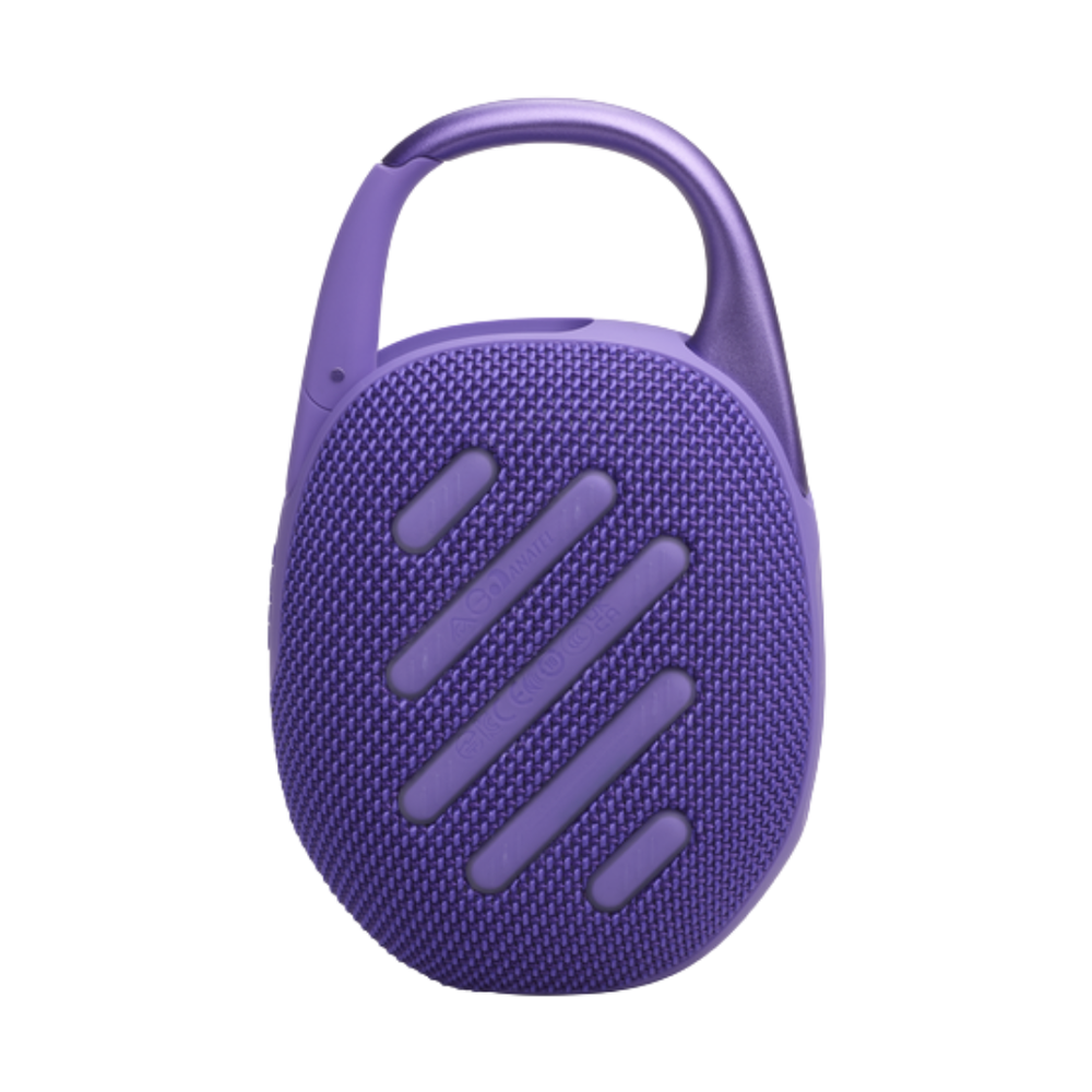 Front view of purple JBL compact speaker highlighting diagonal speaker grille slits