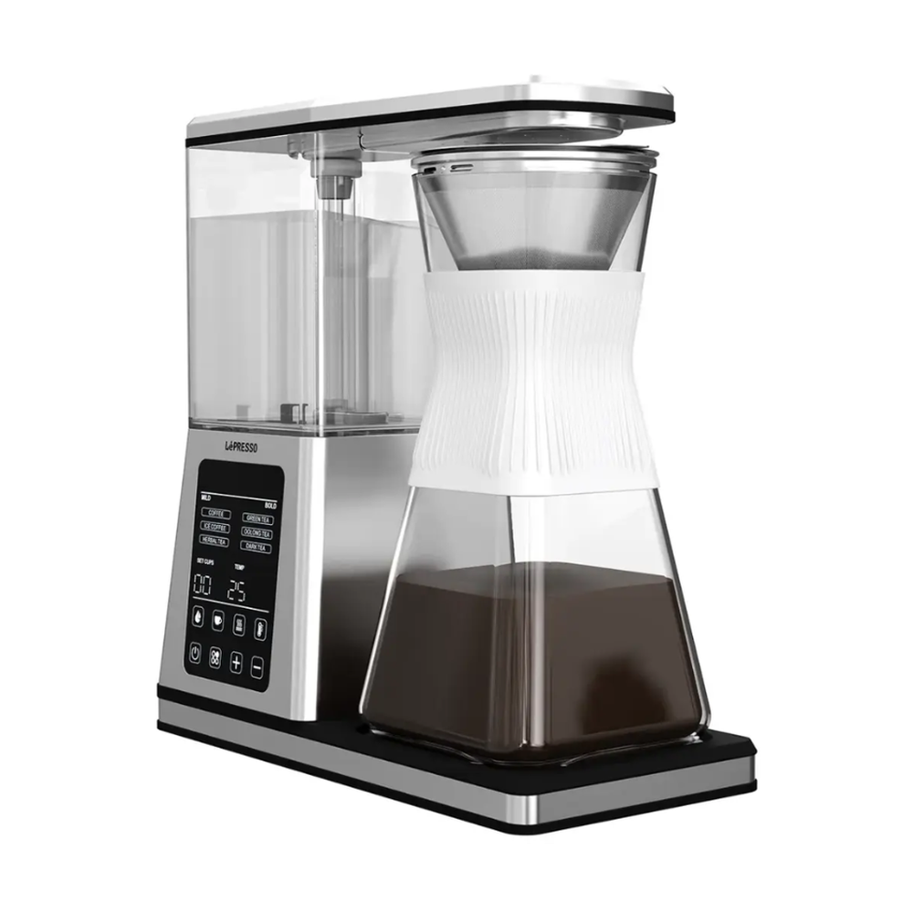 Stainless steel LePresso beverage maker with glass carafe and white sleeve