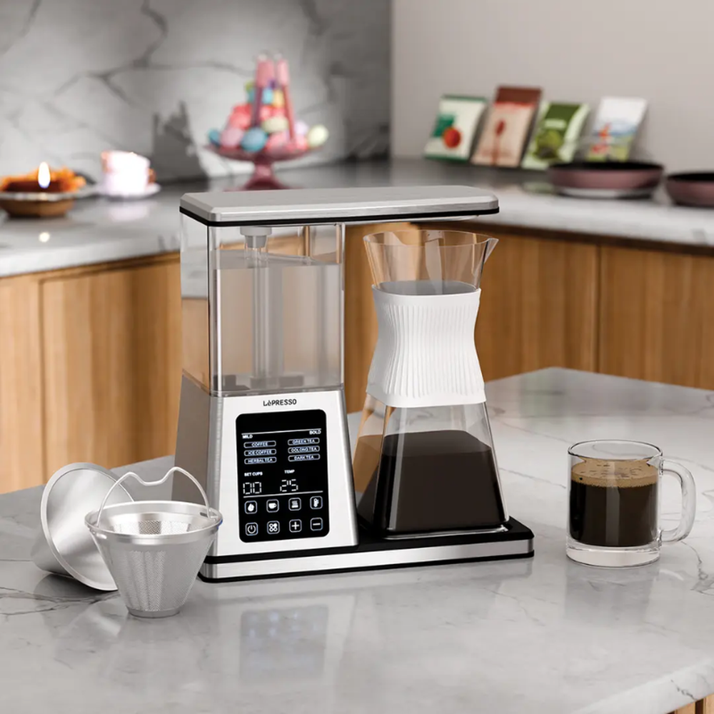 LePresso coffee and tea maker with included metal filters and digital display