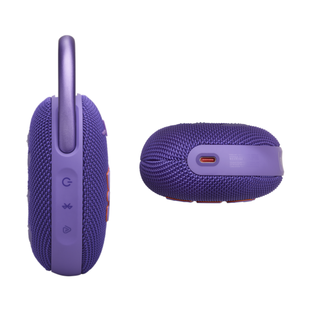 Bottom and side detail of purple JBL speaker revealing USB-C charging port