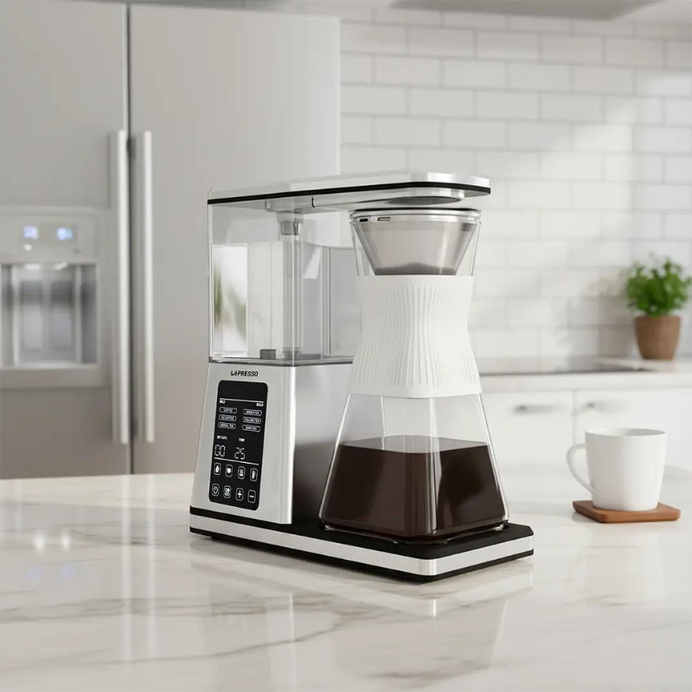 LePresso drip coffee and tea maker with smart digital controls on marble countertop