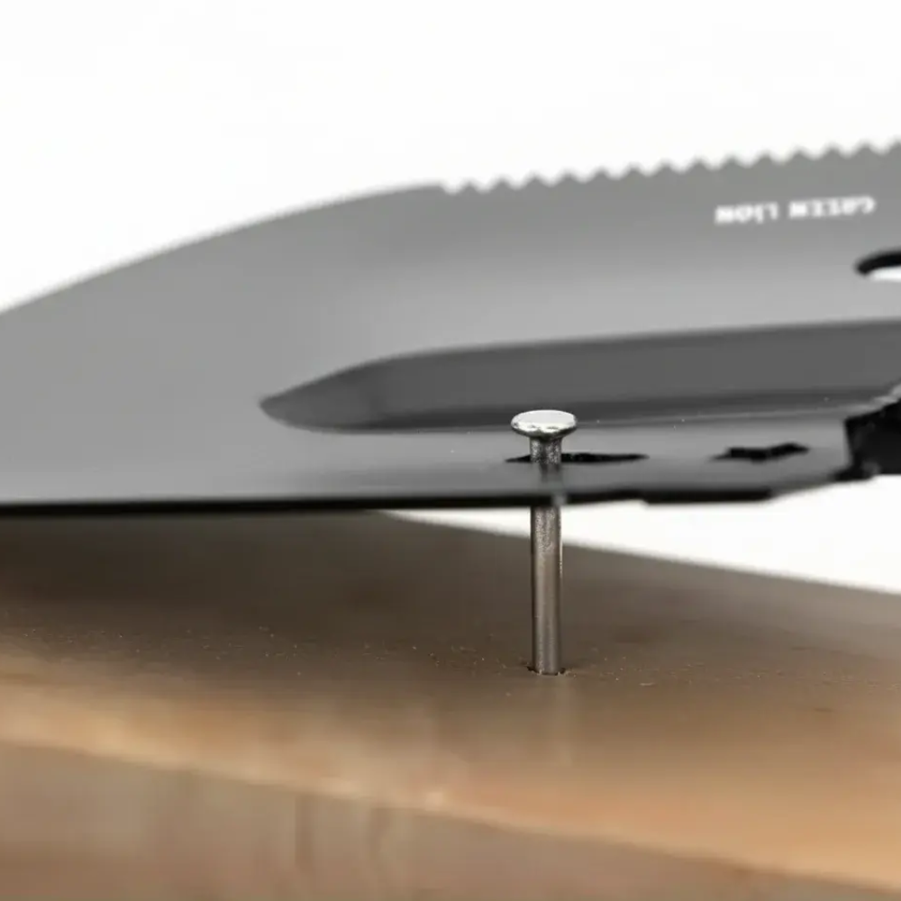 Green Lion multi-tool nail puller feature on steel shovel head