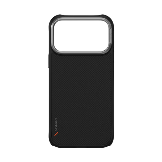 Black iPhone 17 Pro matte textured phone case with diamond plate pattern and silver camera rim
