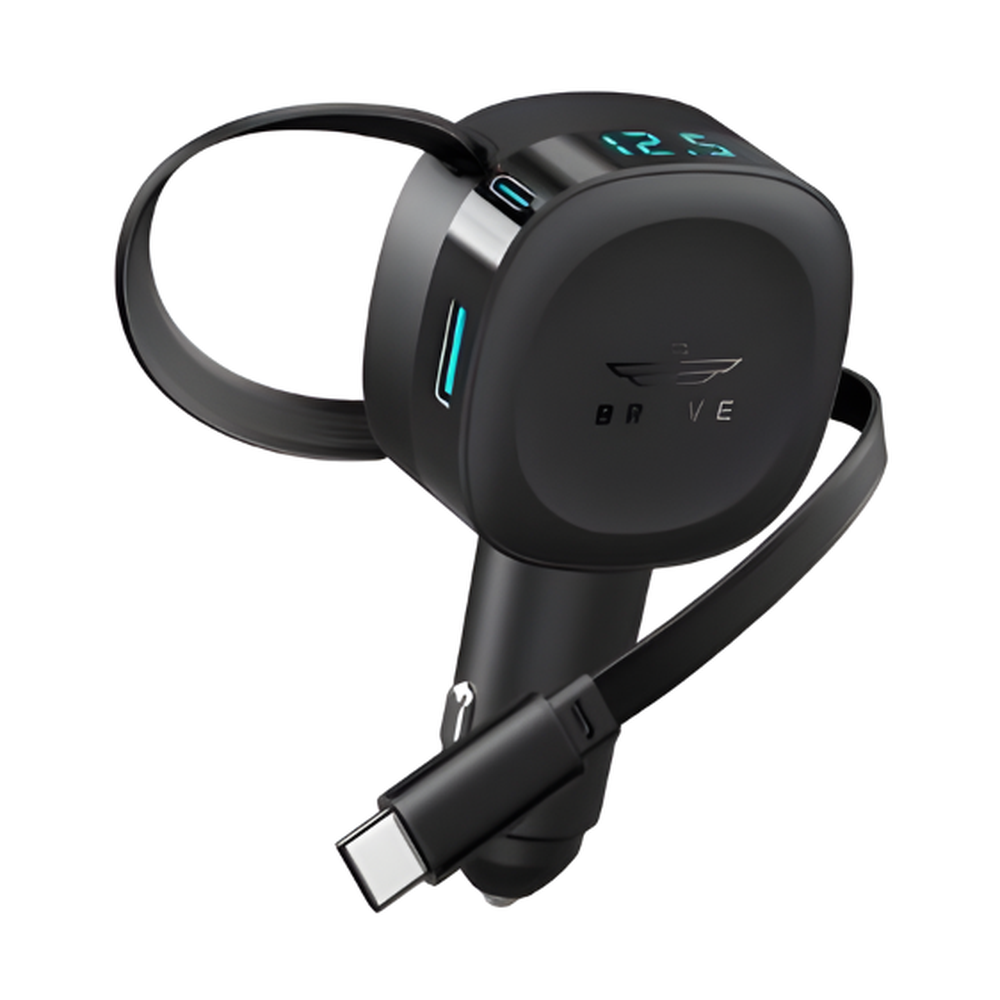Brave 60W car charger with built-in retractable USB-C cable, dual ports and teal LED accents