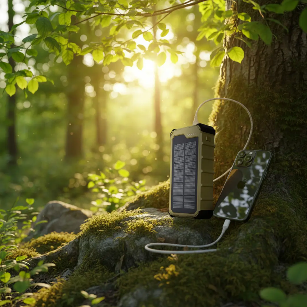 Powerology 20W solar power bank charging phone in forest