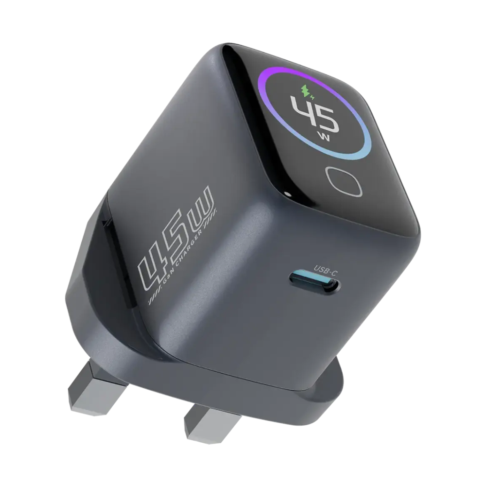 Powerology 45W GaN wall charger angled view with USB-C port and display