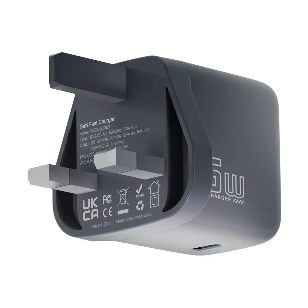 Powerology 45W GaN wall charger back with UK plug and technical specs