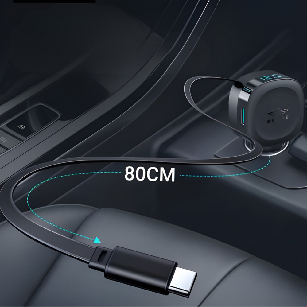 Brave 60W black car charger with retractable USB-C cable and LED voltage display plugged in