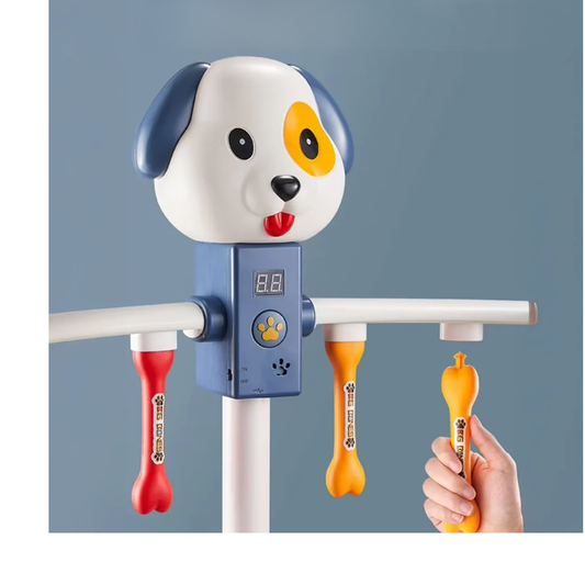 Blue and white dog head reaction game with digital score display and bone targets