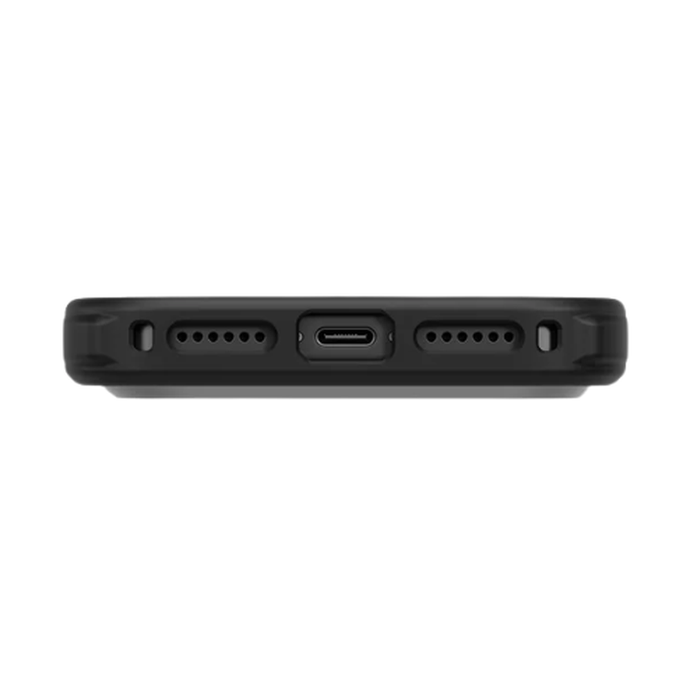 Bottom view of black iPhone 17 Pro rugged case featuring USB-C port and speaker grille openings